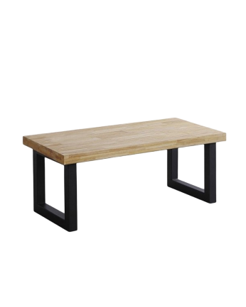 Höhenverstellbarer massiver Holz-Couchtisch mit schwarz lackierten Eisenbeinen, 43x120 cm.