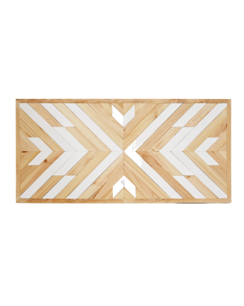 Massives ethnisch gestaltetes Holzkopfteil in Natur- und Weißtönen mit den Maßen 80x165cm.