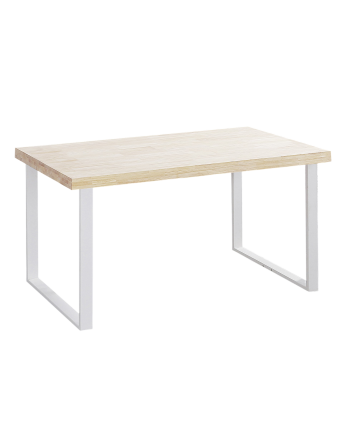 Esstisch aus massivem Naturholz mit weißen Eisenbeinen, 140x80 cm.