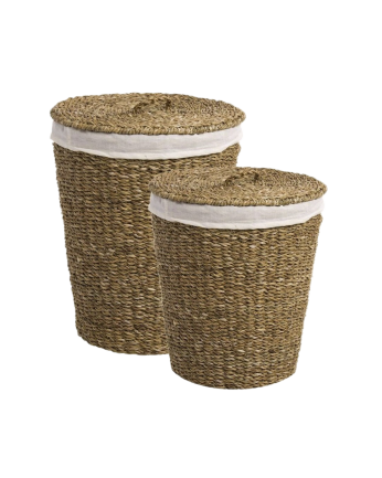2er-Pack Körbe mit Deckel aus Naturfasern hergestellt.