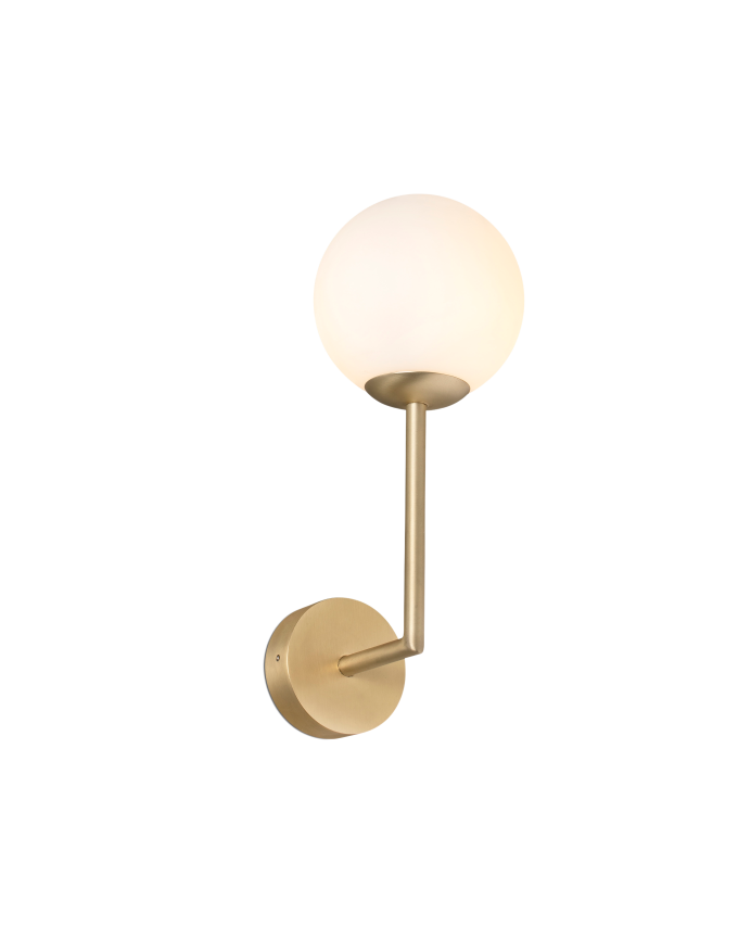 Goldene Wandlampe aus Metallstruktur und Glasdiffusor hergestellt.