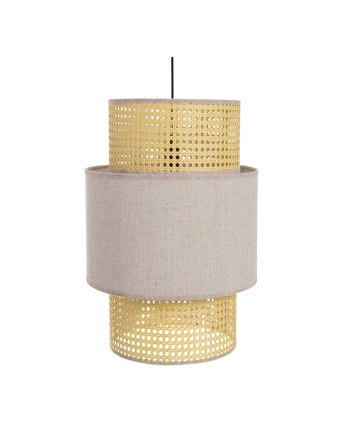 Deckenleuchte aus einem Rattan- und Polyester-Schirm in verschiedenen Größen hergestellt.