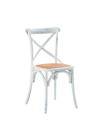 Holzstühle aus Ulmenholz mit weißen X-förmigen Rückenlehnen von 88x52 cm.