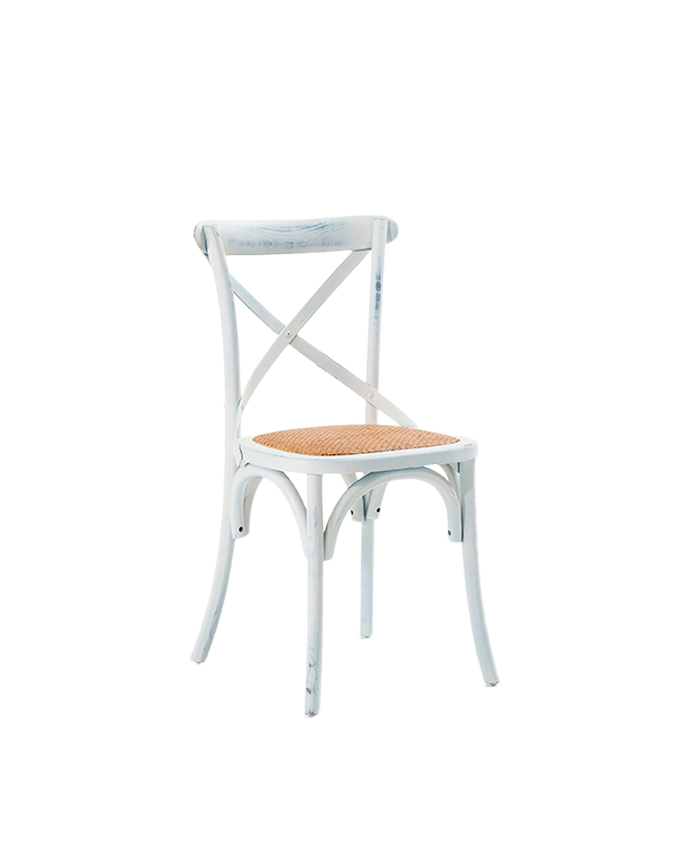 Holzstühle aus Ulmenholz mit weißen X-förmigen Rückenlehnen von 88x52 cm.