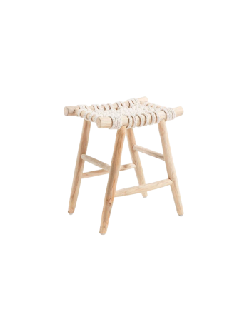 Tisch/Hocker aus Teakholzstruktur und Sessel mit Polster aus naturfarbenem Seil im Format 45x45cm.