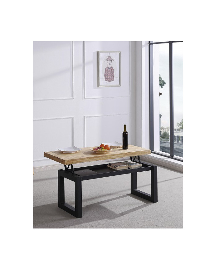 Höhenverstellbarer massiver Holz-Couchtisch mit schwarz lackierten Eisenbeinen, 43x120 cm.