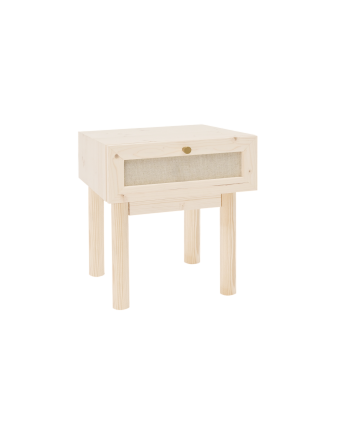 Nachttisch aus Massivholz und Leinen mit einer Schublade in natürlicher Farbe von 40x45cm.