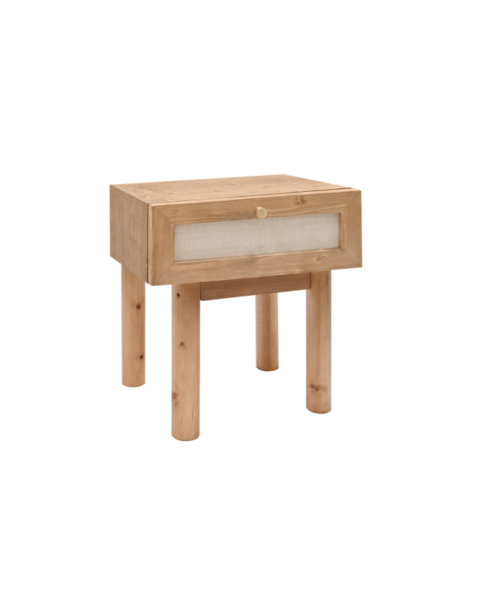 Nachttisch aus Massivholz und Leinen mit einer Schublade in dunkler Eiche mit den Maßen 40x45cm