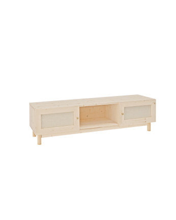 TV-Schrank aus Massivholz und Leinengewebe mit 2 Türen in Naturton, 150x40cm.