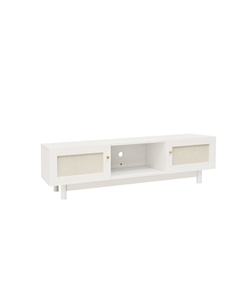 TV-Möbel aus massivem Holz und Leinenstoff mit 2 Türen in weißem Farbton von 150x40cm.