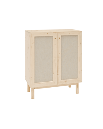 Massiver Holzschrank mit Leinenstoff und 2 Türen in natürlicher Farbe, Maße 100x80cm.