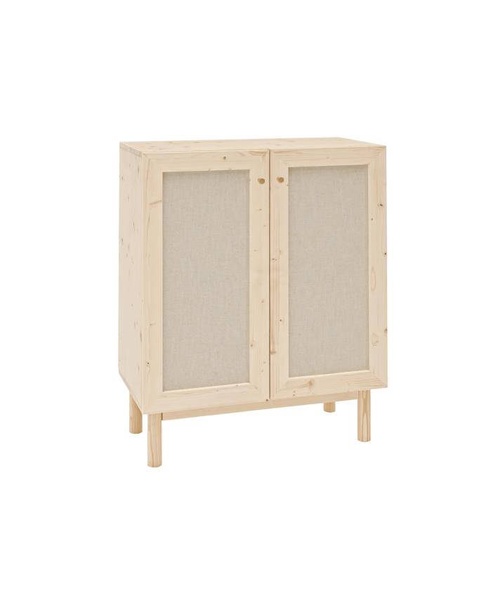 Massiver Holzschrank mit Leinenstoff und 2 Türen in natürlicher Farbe, Maße 100x80cm.
