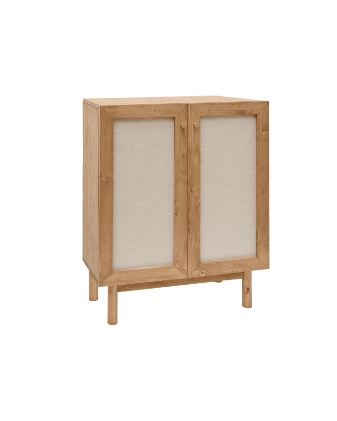 Massives Holz-Sideboard mit Leinengewebe und 2 Türen in dunklem Eichenholzton, Maße 100x80 cm.