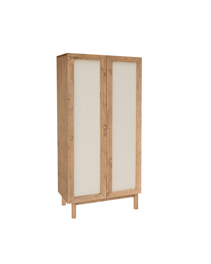 Massivholzschrank mit Leinenstoff in dunkler Eiche, 180x80cm.
