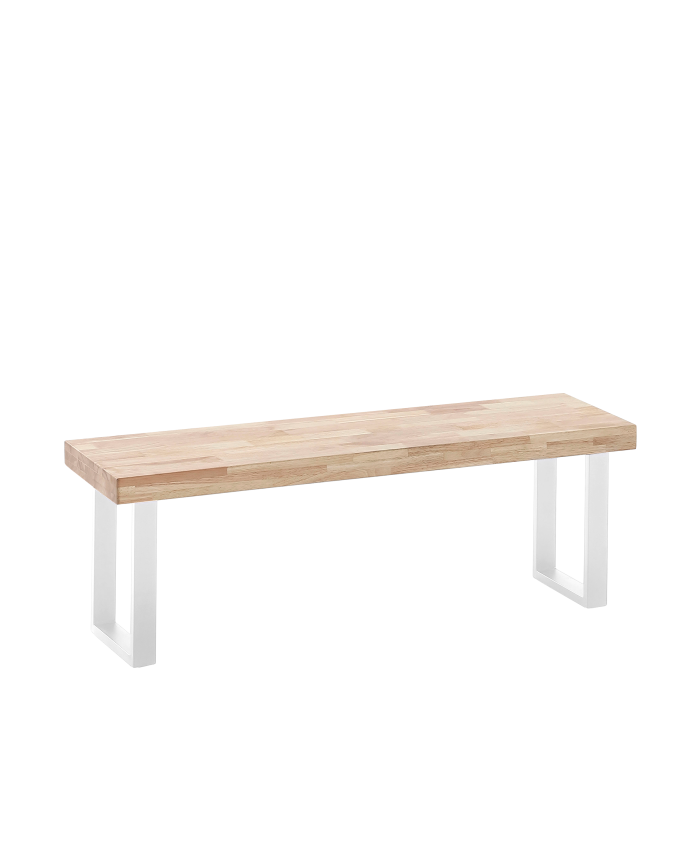 Massiver Holzbank in Naturton mit weißen Eisengestellen von 47x120cm.