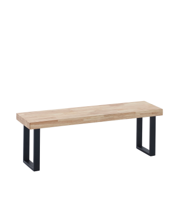 Massive Holzbank in natürlicher Farbe mit schwarzen Eisenbeinen von 47x120cm.