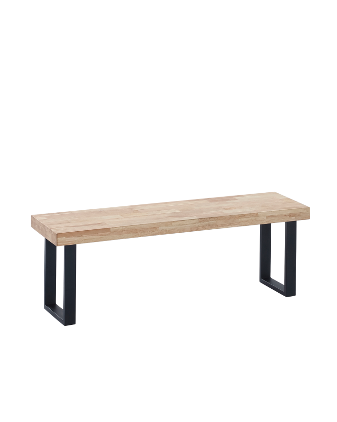 Massive Holzbank in natürlicher Farbe mit schwarzen Eisenbeinen von 47x120cm.