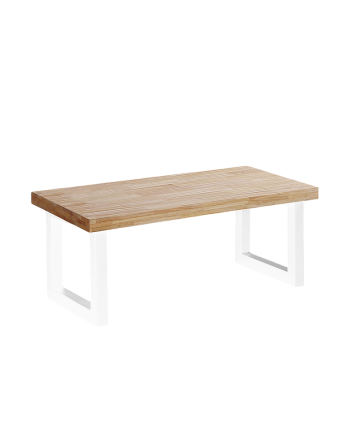 Höhenverstellbarer Massivholz-Couchtisch mit weißen Eisenbeinen 43x120 cm