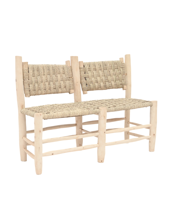 Geflochtene Bank aus Palmblatt und massiver Holzstruktur von 110x85cm.