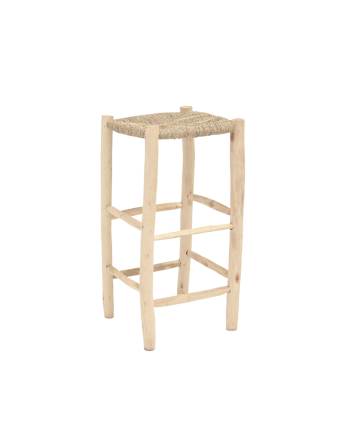 Geflochtener Palmenhocker mit massiver Holzstruktur von 75x40 cm.