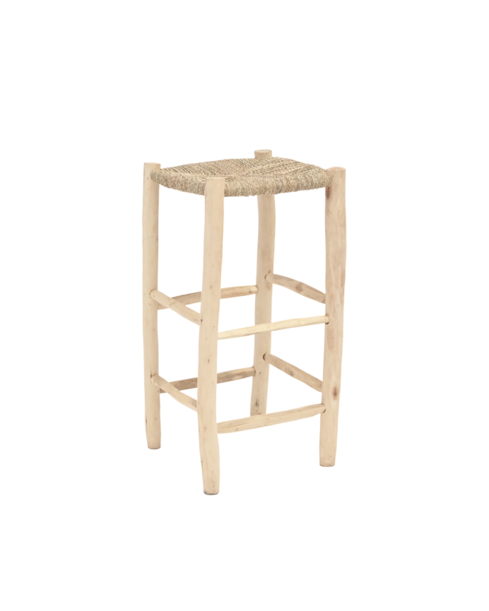 Geflochtener Palmenhocker mit massiver Holzstruktur von 75x40 cm.