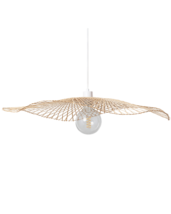 Deckenleuchte aus geflochtenem Rattan hergestellt.