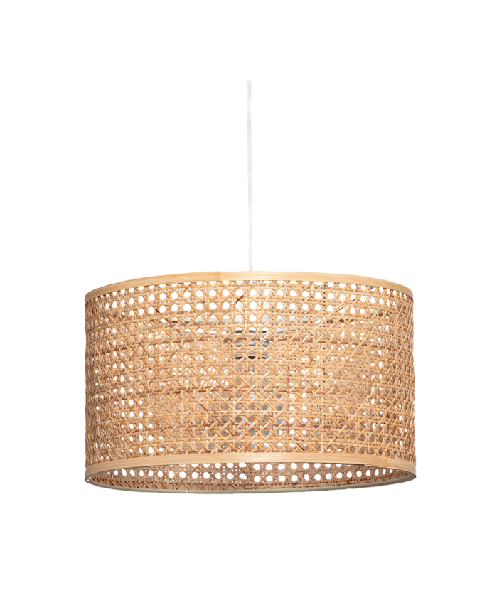 Deckenlampe aus Rattan-Geflecht hergestellt.
