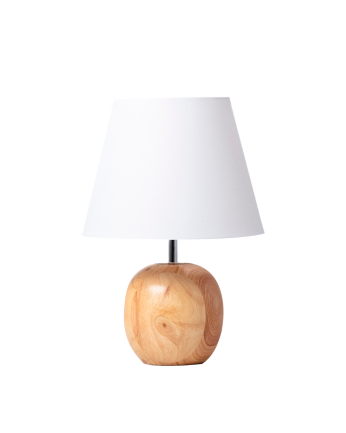 Tischlampe aus Holzfuß und weißem Textilschirm hergestellt.