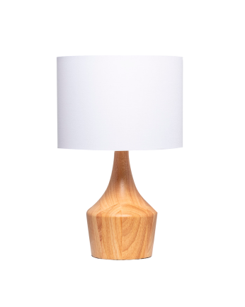 Tischlampe aus Holzsockel und weißem Stofflampenschirm hergestellt.