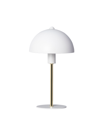 Tischlampe aus weißem und goldenem Aluminium hergestellt.