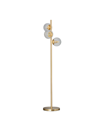 Standlampe aus goldfarbenem Aluminiumsockel und drei klaren Glaskugeln.