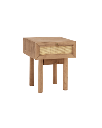 Nachttisch aus Massivholz und Rattan mit einer Schublade in dunklem Eichenfarbton, 40x45cm.