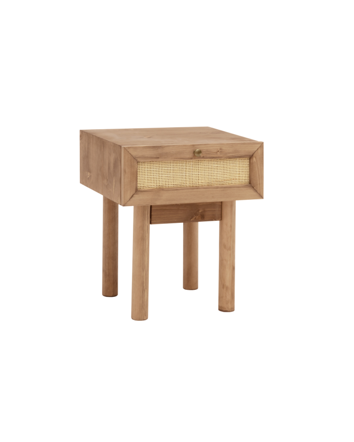 Nachttisch aus Massivholz und Rattan mit einer Schublade in dunklem Eichenfarbton, 40x45cm.