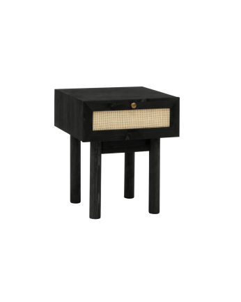 Nachttisch aus Massivholz und Rattan mit einer Schublade in Schwarz, Maße 40x45 cm.