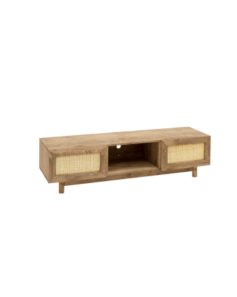 TV-Möbel aus Massivholz und Rattan mit 2 Türen in dunklem Eichenholzton, 150x40 cm.