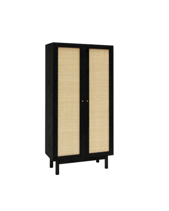 Massivholzschrank mit Rattanflechtwerk in schwarzem Farbton, 180x80cm.