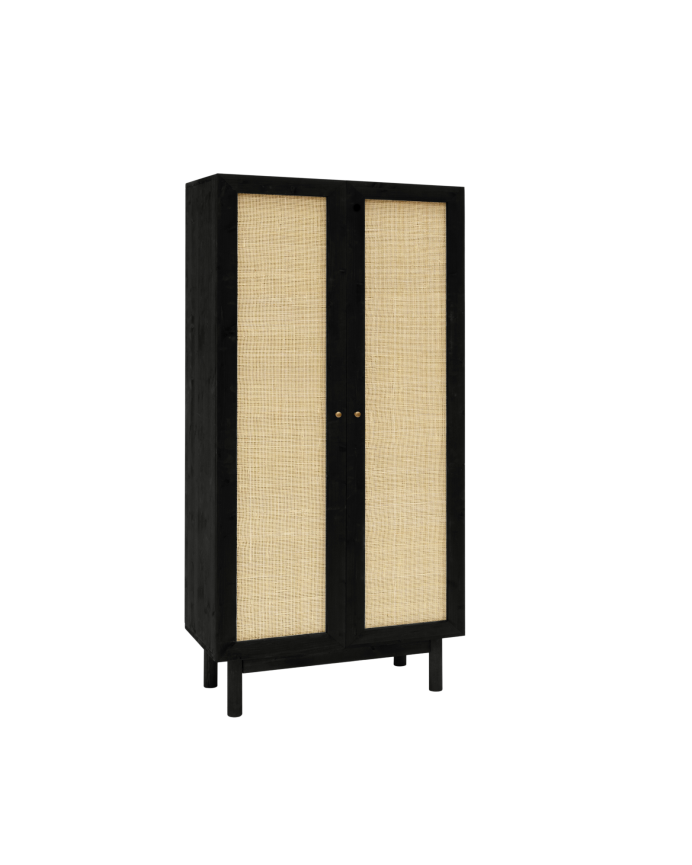 Massivholzschrank mit Rattanflechtwerk in schwarzem Farbton, 180x80cm.