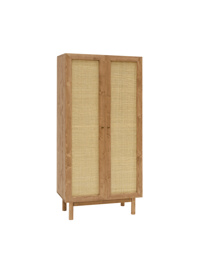 Massivholzschrank und Rattanmöbel in dunklem Eichenton von 180x80cm.