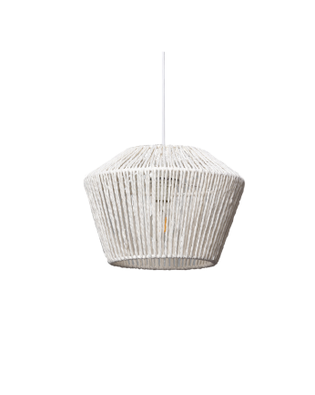Deckenlampe in Weiß aus 22x31 cm großem Papierseil hergestellt.