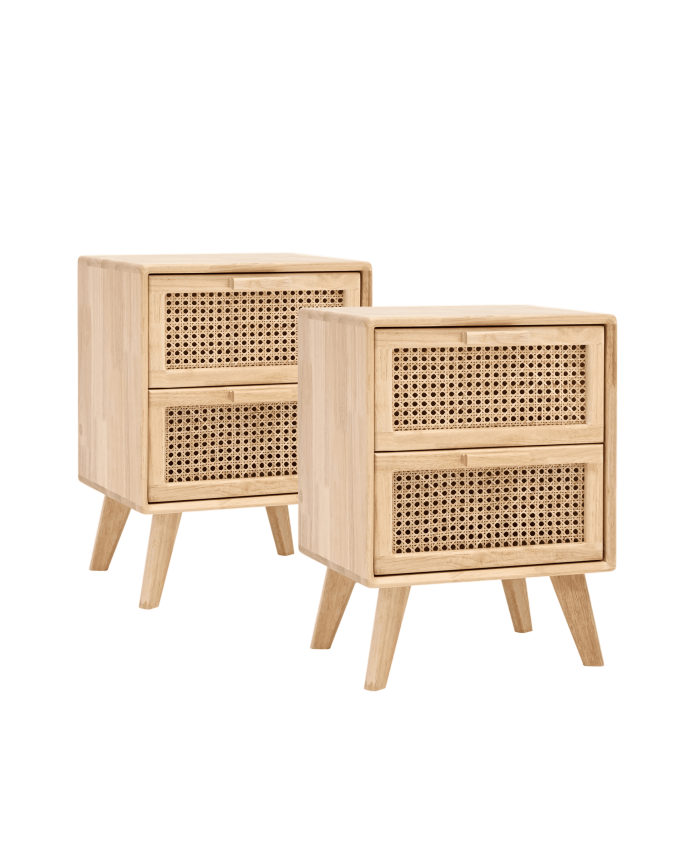 Pack mit 2 Gummibaumholz-Nachttischen mit zwei Schubladen und Frontseite aus 54x40cm Cannage-Gitter.