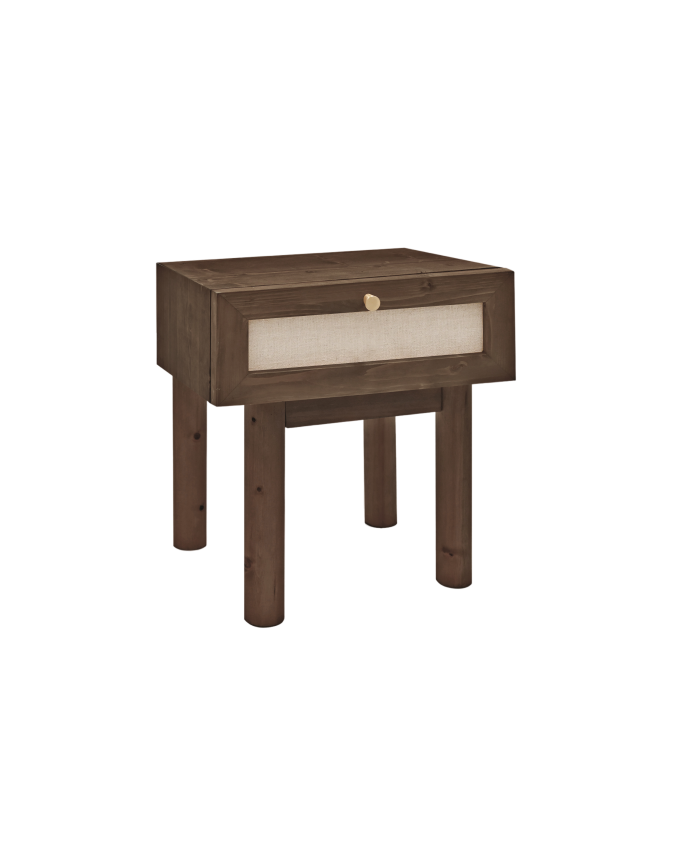 Kleiner Tisch mit massivem Holzschublade und Leinenstoff in Nussbaumfarbe, Maße 45x40 cm.