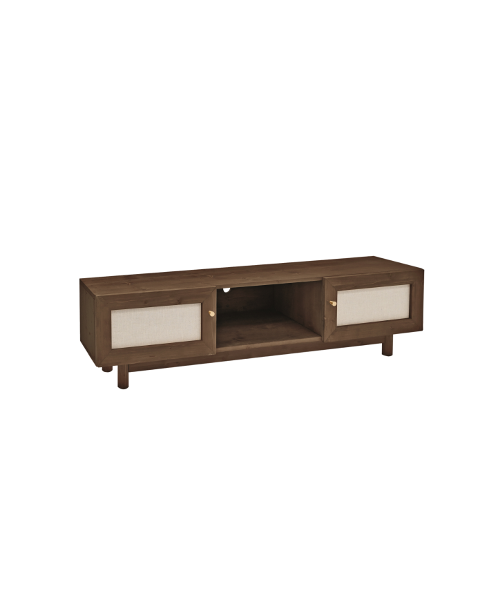 TV-Möbel aus Massivholz und Leinenstoff mit 2 Türen in Nussbaumfarbe, 150x40cm.