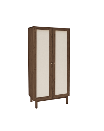 Schrank aus Fichtenholz und Leinenstoff in Nussbaumfarbe, 180x80cm.