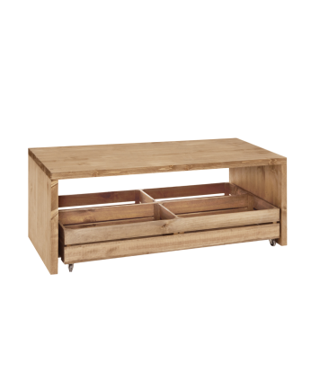 Mesa de centro de madera maciza en tono roble oscuro con ruedas de 120x45cm