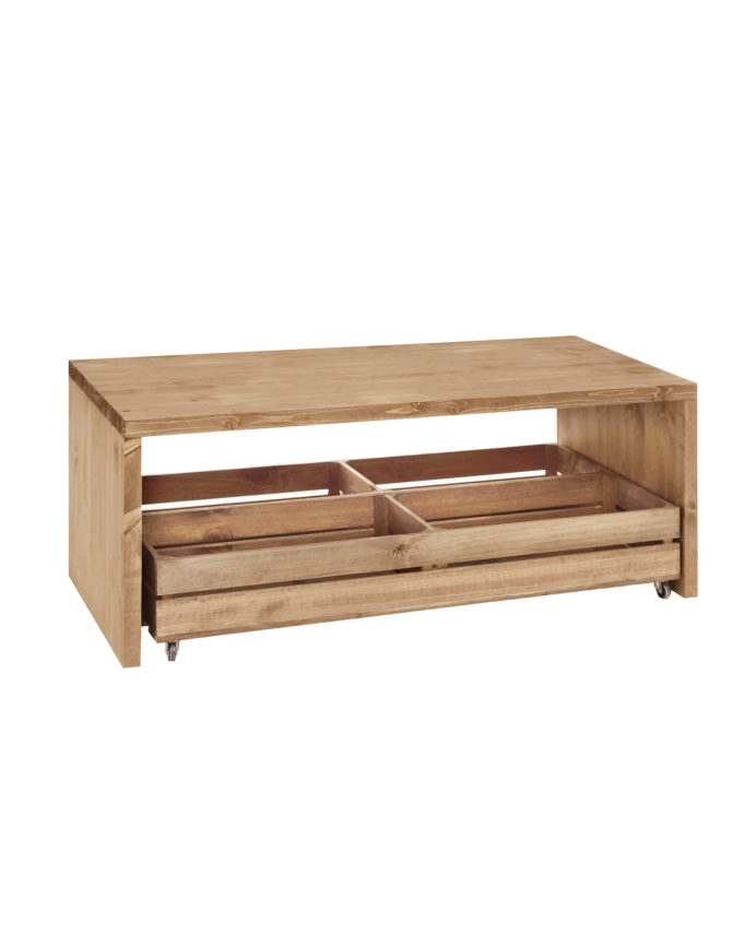 Mesa de centro de madera maciza en tono roble oscuro con ruedas de 120x45cm