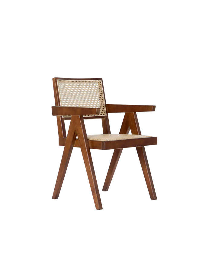 Holzstuhl aus Ulmenholz mit Sitzfläche und Rückenlehne aus braunem Flechtwerk in den Maßen 86x57 cm.