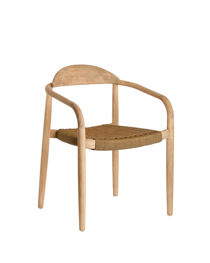Stühle mit Eukalyptus-Holzgestell und brauner Seilsitzfläche von 77x50cm.