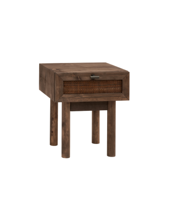 Nachttisch aus massivem Holz und Flechtwerk mit einer Schublade in Nussbaumfarbe, 40x45cm.