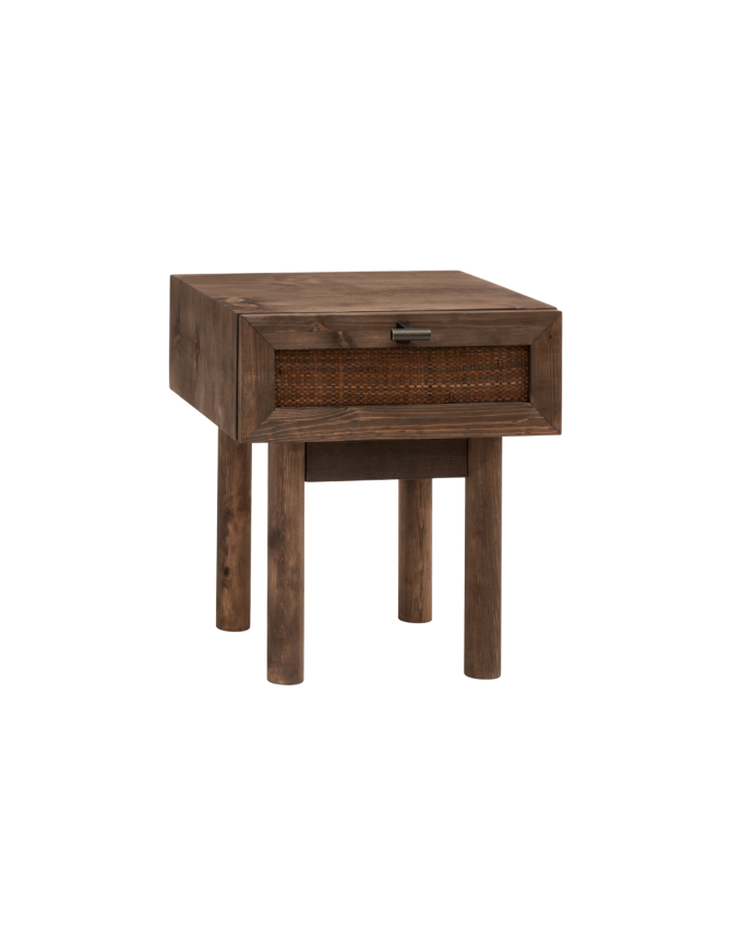 Nachttisch aus massivem Holz und Flechtwerk mit einer Schublade in Nussbaumfarbe, 40x45cm.