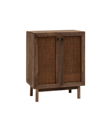 Massiver Holz- und Rattan-Sideboard mit 2 Türen in Nussbaumfarbe, Maße 100x80 cm.